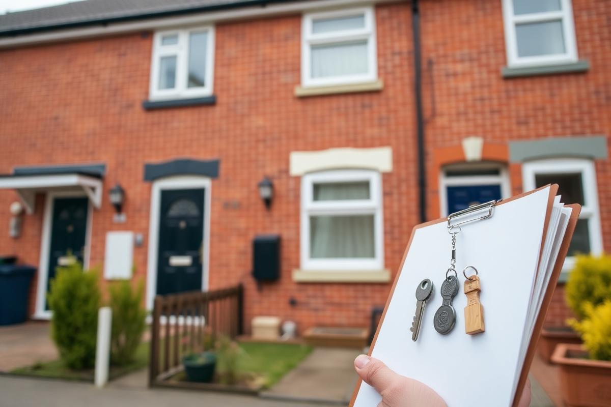 Landlord holding keys outside a rented terraced house
