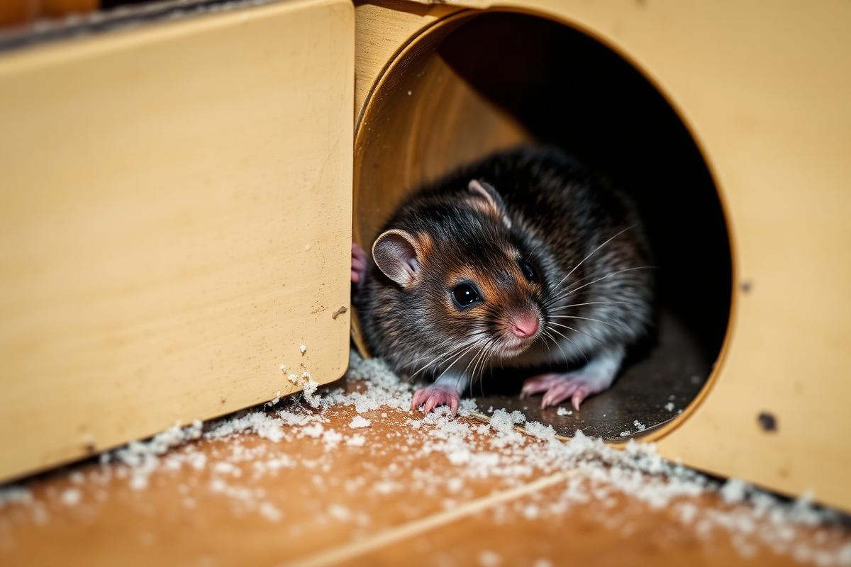 House mouse entering through a gap beside kitchen skirting
